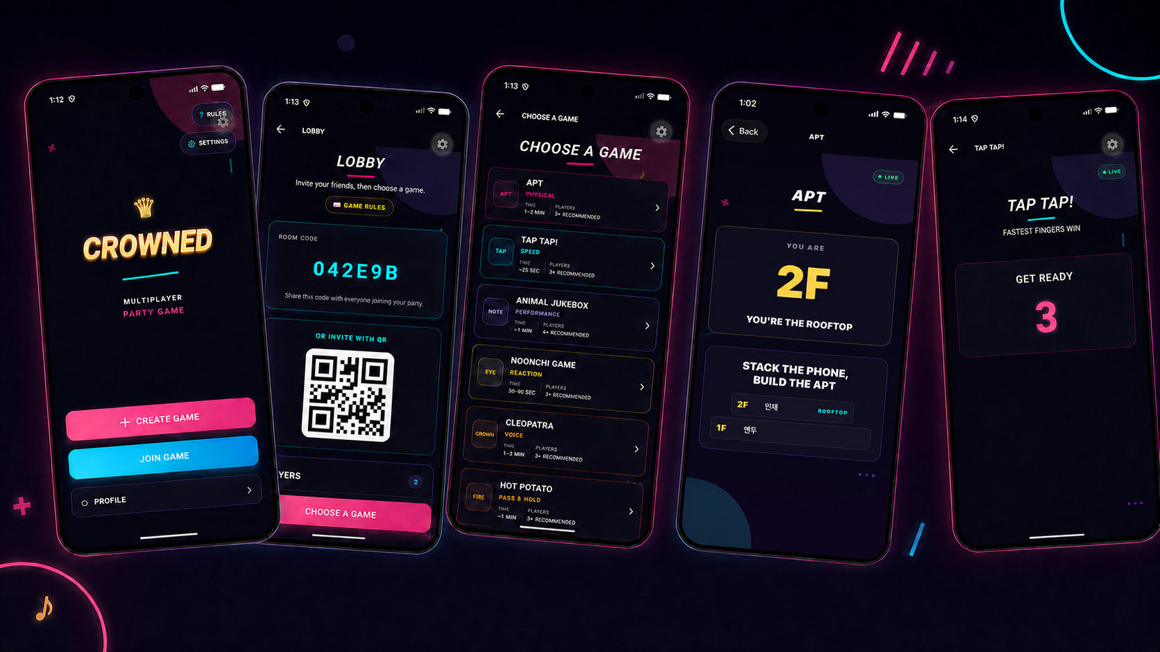 Five phones playing CROWNED together, showing the home screen, room lobby, game selection, Ping Pong GO! arcade target, and Tap Tap countdown